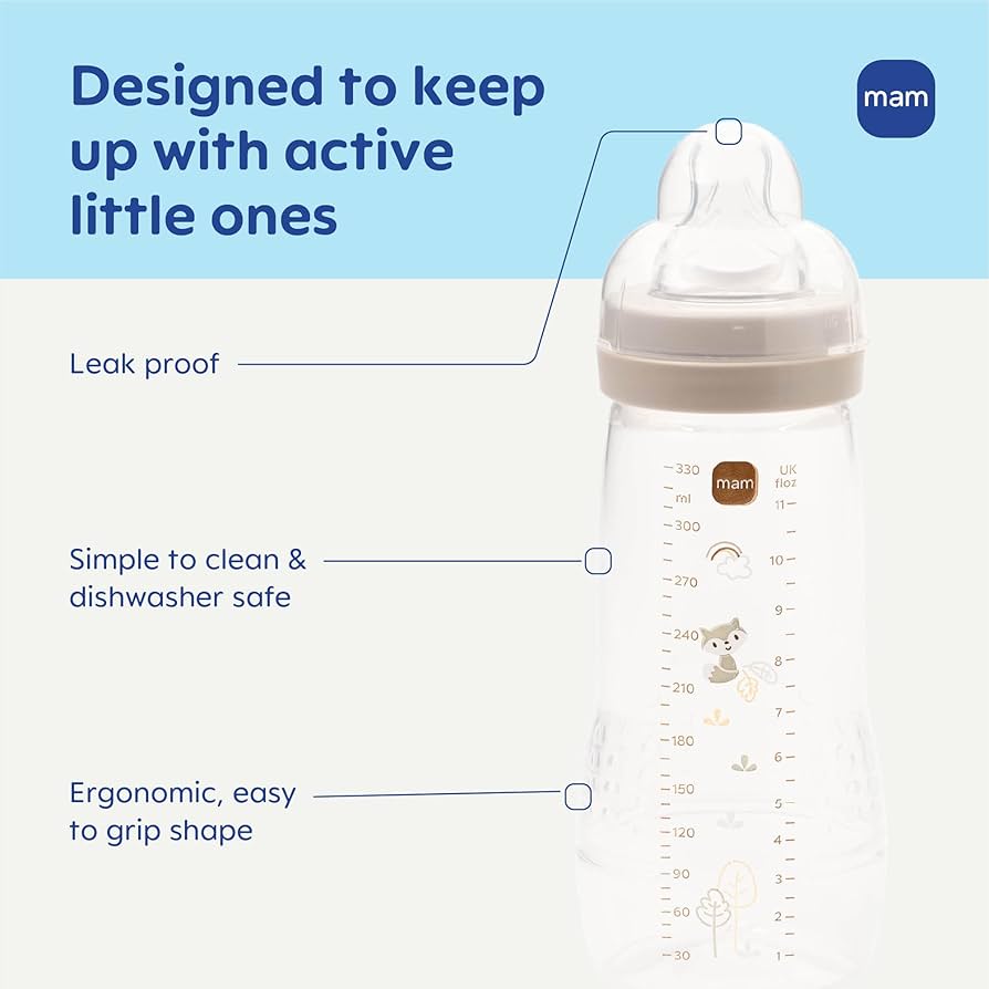 MAM Easy Active™ Biberons Bébé 330 ml – Lot de 4 – Débit Rapide + tétine X-Cut offerte
