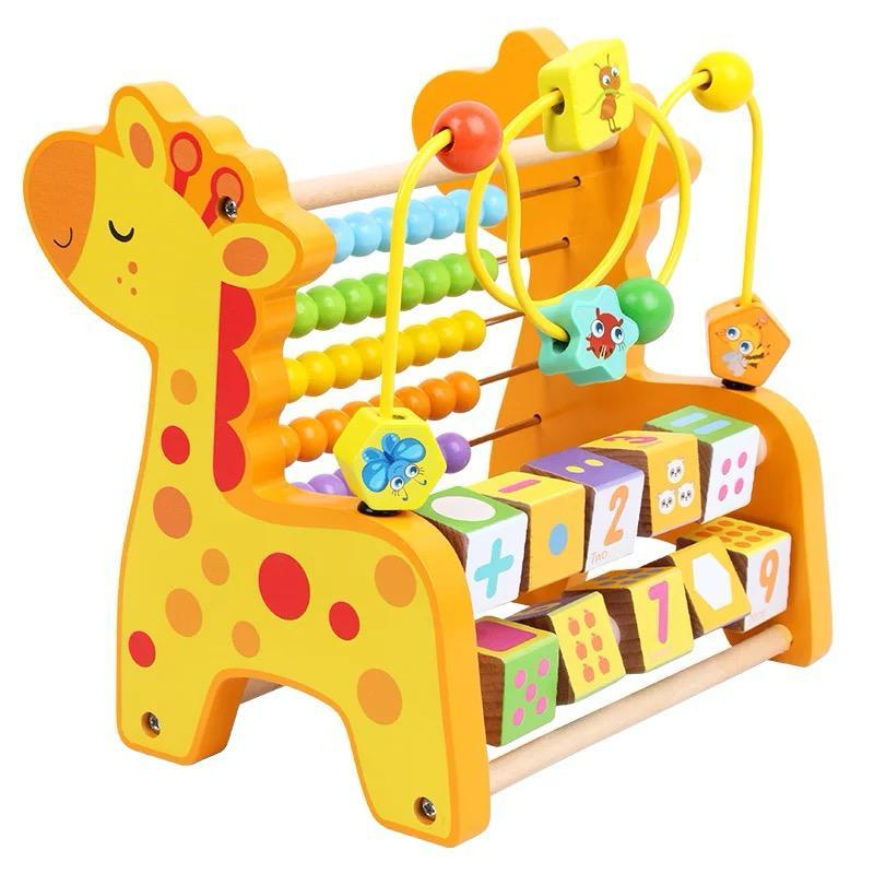 Jouet Éducatif en Bois Multiactivités – Forme Girafe – Abacus, Perles, Chiffres et Formes