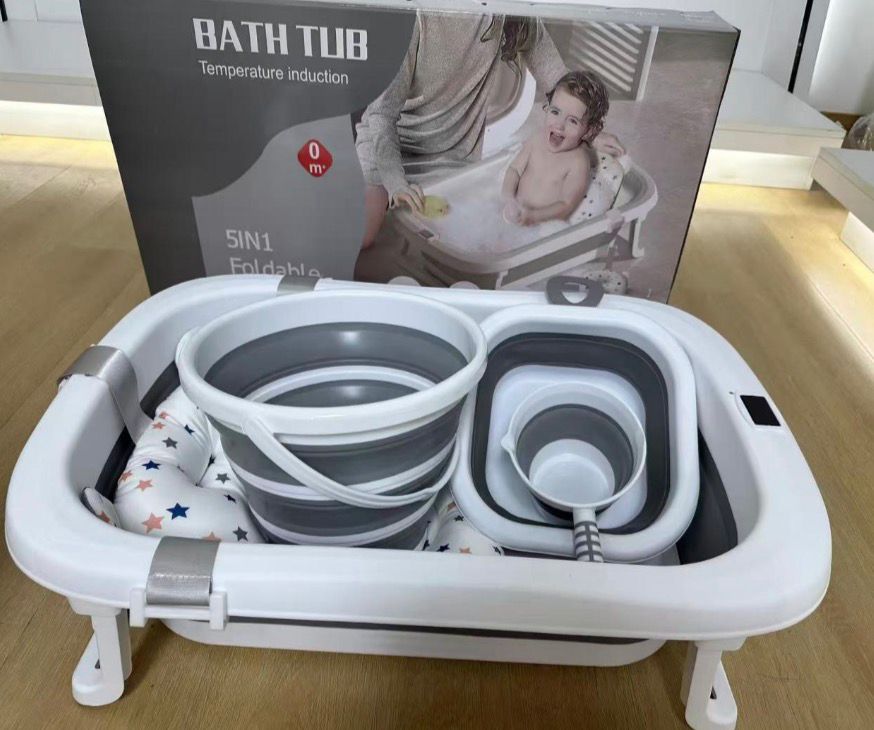 Baignoire Bébé Pliable 5-en-1 avec Thermomètre Intelligent – Kit de Bain Complet Évolutif dès la Naissance (0m+)
