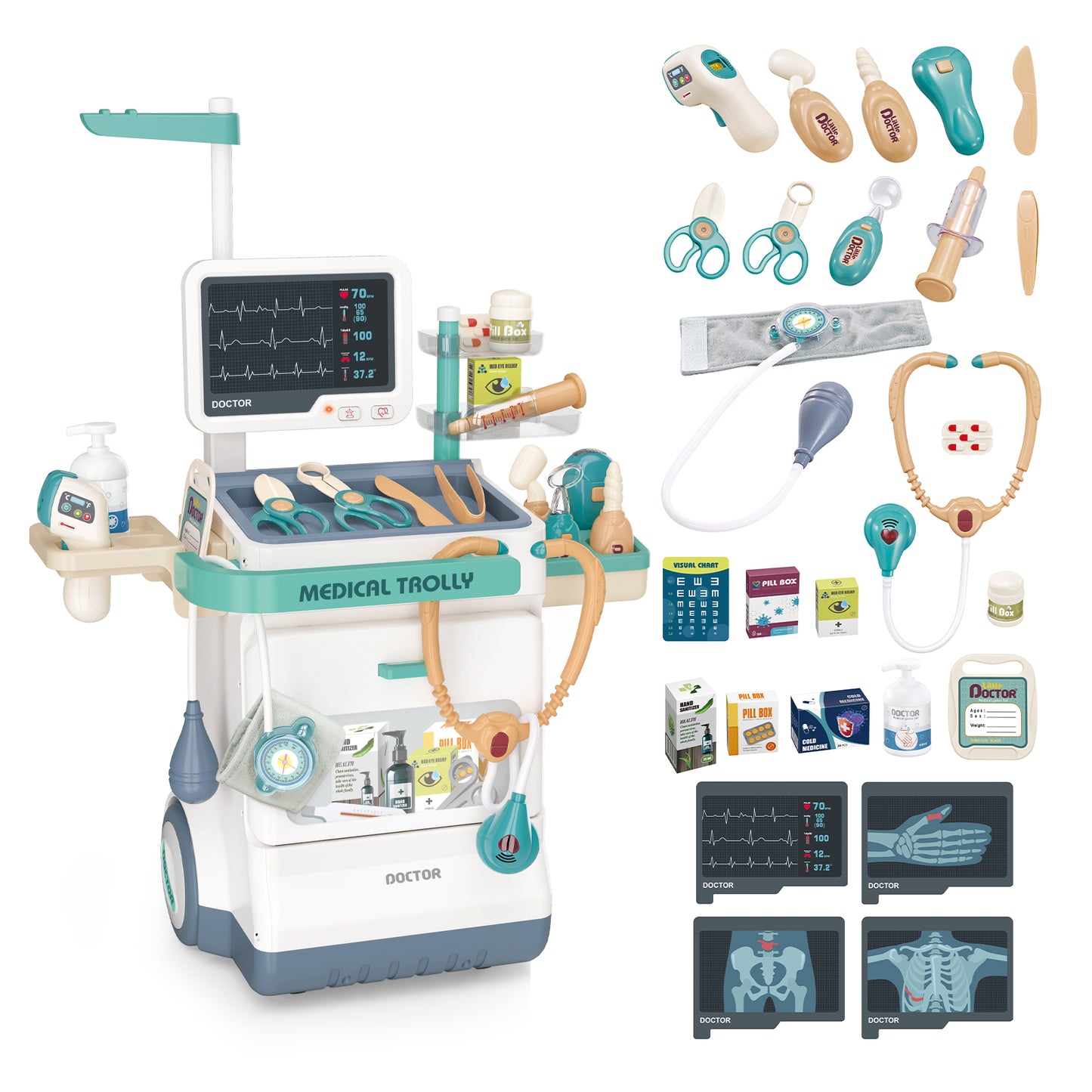 Chariot Médical pour Enfant – Kit Docteur 26 Pièces avec Lumières et Sons