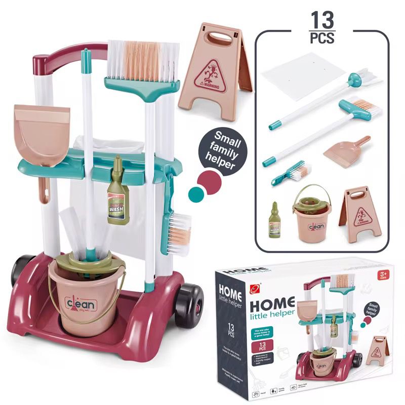 Kit de Ménage Enfant Éducatif 13 Pièces – Chariot de Nettoyage Complet sur Roulettes