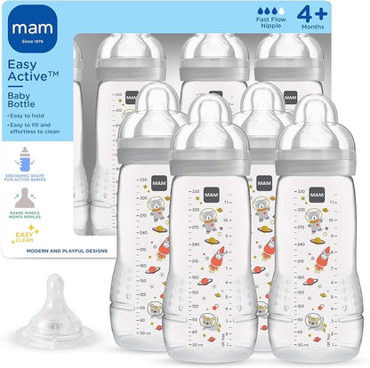 MAM Easy Active™ Biberons Bébé 330 ml – Lot de 4 – Débit Rapide + tétine X-Cut offerte