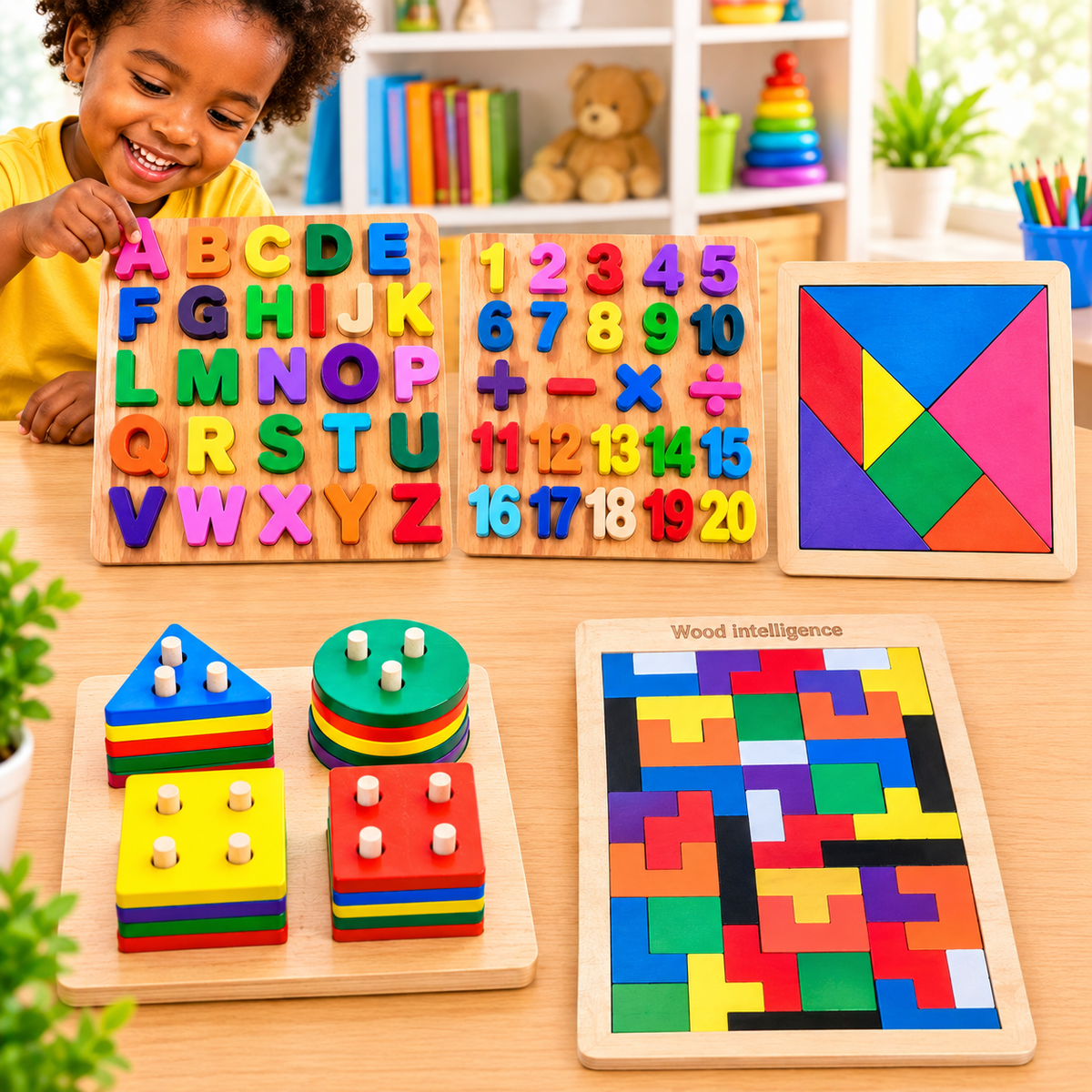 Kit de 5 jeux Montessori éducatifs en bois – Éveil, logique et apprentissage
