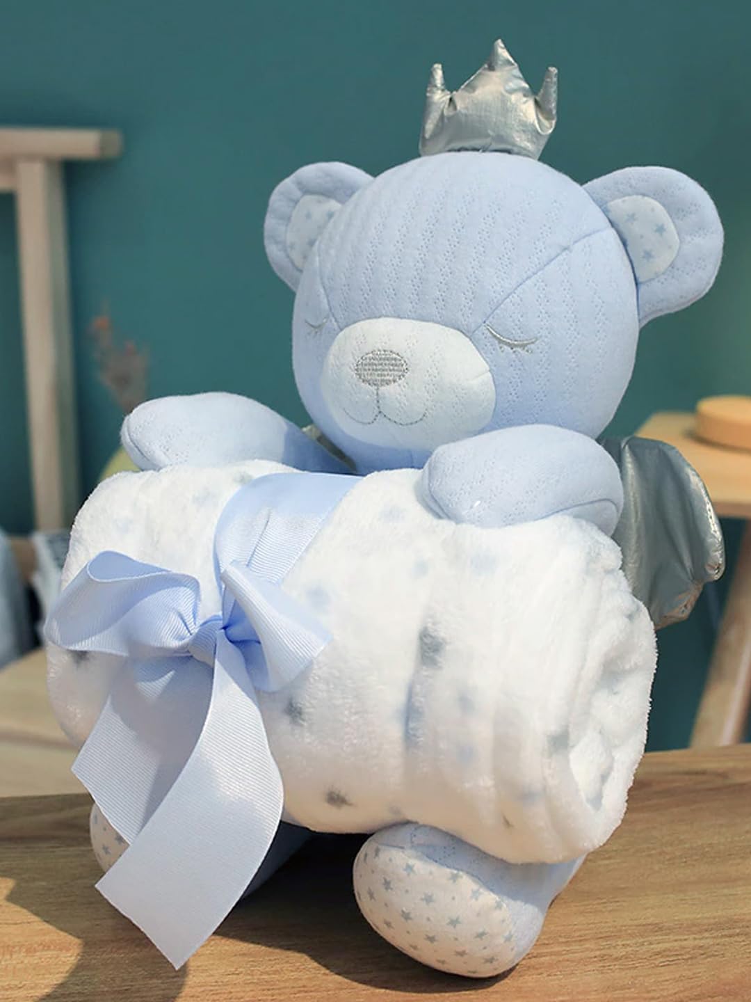 Peluche Ourson couronne avec Plaid – Bleu, Beige ou Rose