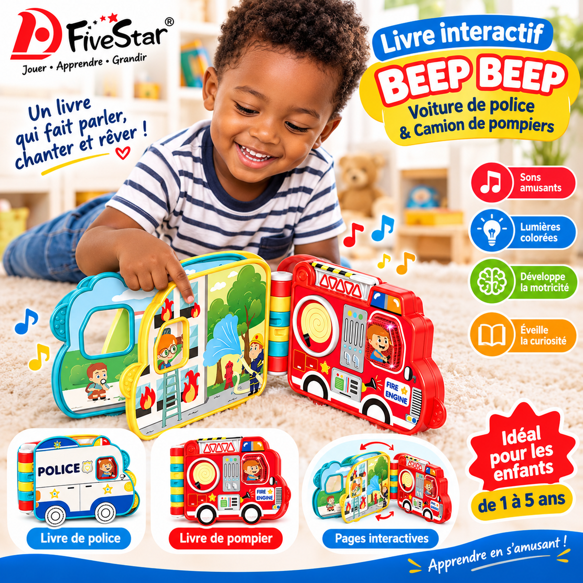 🚓 Livre Interactif « Beep Beep » – Police &amp; Camion de Pompiers
