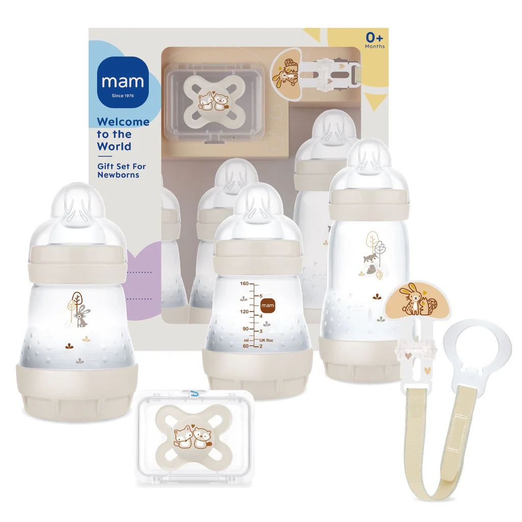 MAM Welcome To The World, Coffret cadeau avec 3 Biberon Easy Start Anticolique, Sucette Start Nano, Clip It & Cover, avec étui porte-tétine, neutre