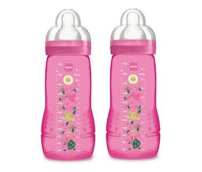 Lot de 2 Biberons MAM 330 ml – Anti-Colique – Tétine Débit Moyen – Design Fleurs & Coccinelles – Sans BPA