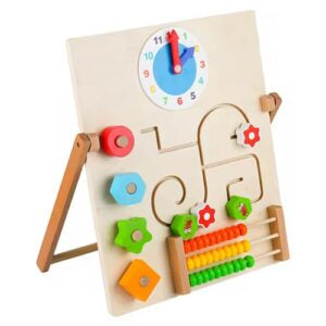 Tableau éducatif en bois avec horloge,