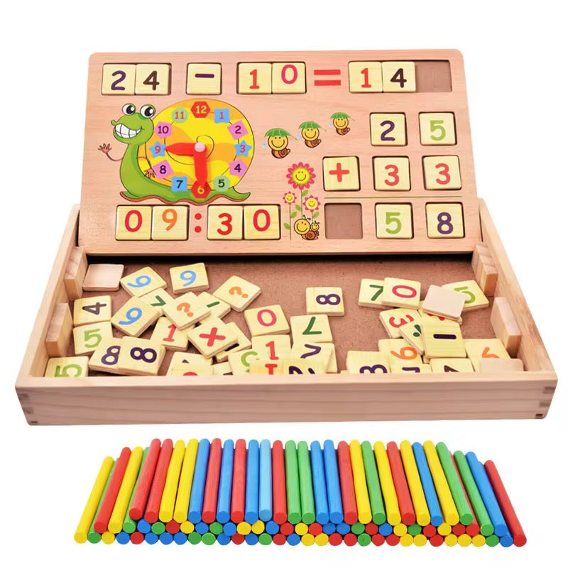 Boîte Éducative Montessori en bois Boîte Éducative Montessori en Bois – Apprentissage des Chiffres, de l’Heure et des Opérations