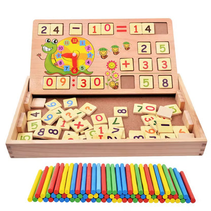 Boîte Éducative Montessori en bois Boîte Éducative Montessori en Bois – Apprentissage des Chiffres, de l’Heure et des Opérations