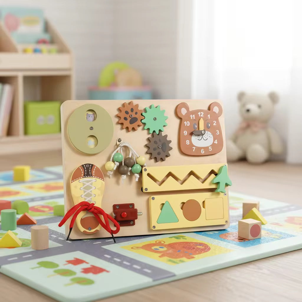 🧸 Busy Board Montessori en Bois – Tableau d’Activités Sensoriel pour Enfant
