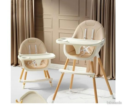 Chaise Haute Bébé  en bois robuste 2-en-1 Évolutive – Confort, Sécurité et Praticité