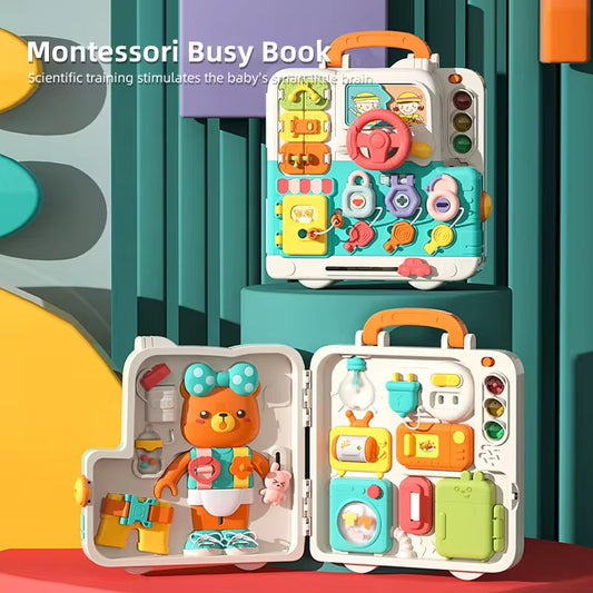 Montessori busy board 3 faces avec sons et lumiere, jouet de tableau d'activités 20 en 1 pour tout-petits de 1 à 3 ans,