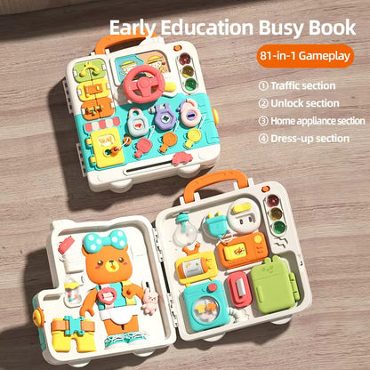 Montessori busy board 3 faces avec sons et lumiere, jouet de tableau d'activités 20 en 1 pour tout-petits de 1 à 3 ans,