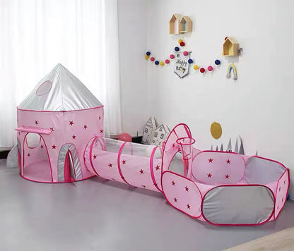 Tente de Jeu 3-en-1 pour Enfants – Château de Princesse Rose avec Tunnel de Rampement et Piscine à Balles – Cabane Pop-Up Intérieure et Extérieure pour Filles et Tout-petits
